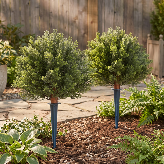 Artificial Topiary Cypress Trees 16 Inch with Ground Spike - Set of 2, Indoor & Outdoor Faux Shrubs