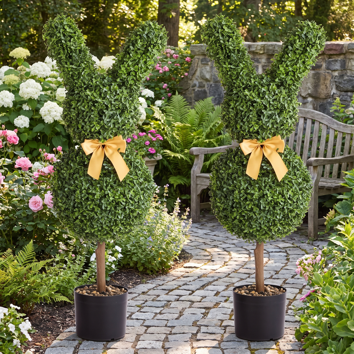 Artificial Topiary Bunny-Shape Boxwood Trees 36 Inch - Set of 2, Indoor & Outdoor Faux Garden Decor