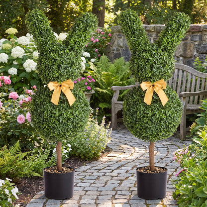Artificial Topiary Bunny-Shape Boxwood Trees 36 Inch - Set of 2, Indoor & Outdoor Faux Garden Decor