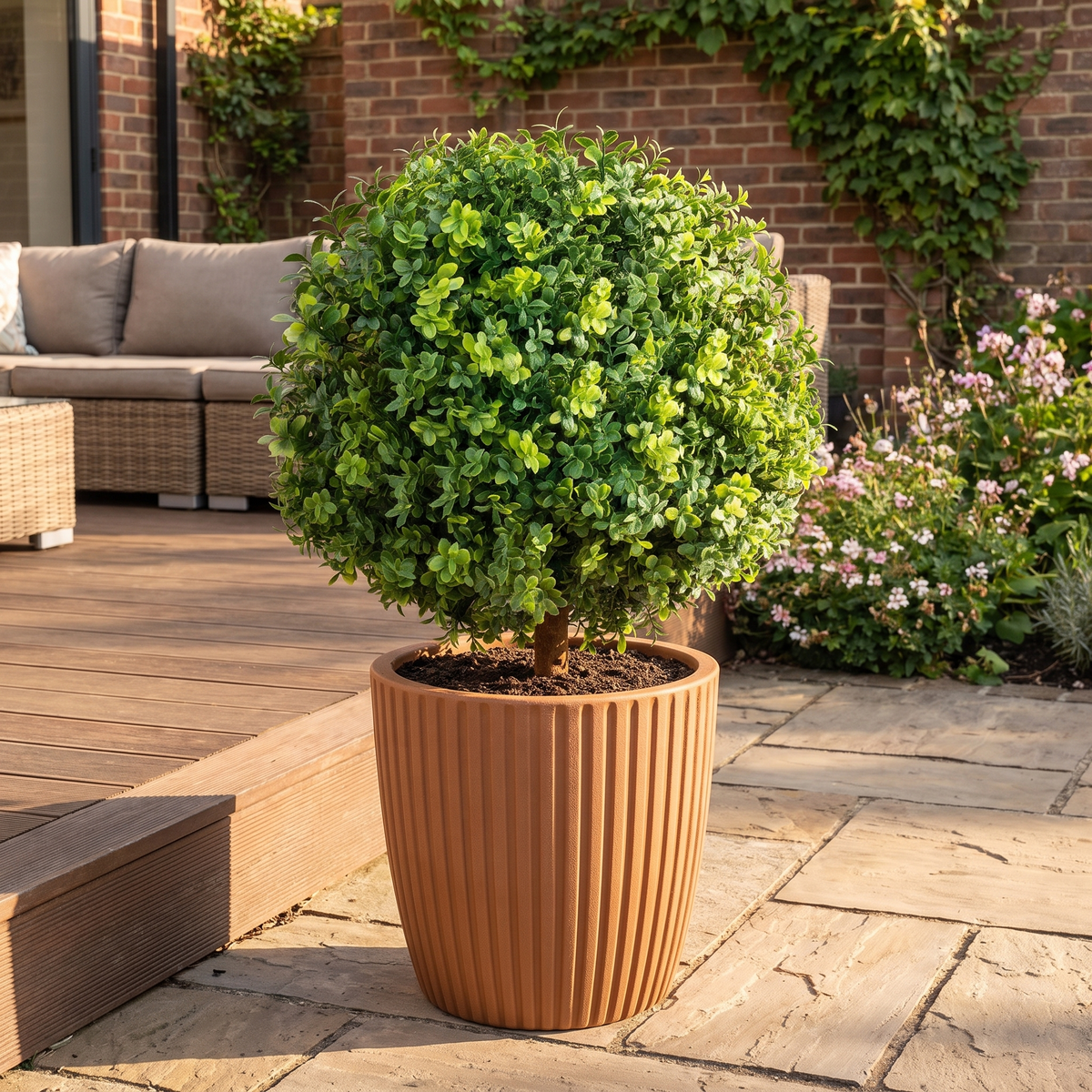 Artificial Topiary Boxwood Trees 22 Inch with Ground Spike - Set of 2, Indoor & Outdoor Faux Shrubs