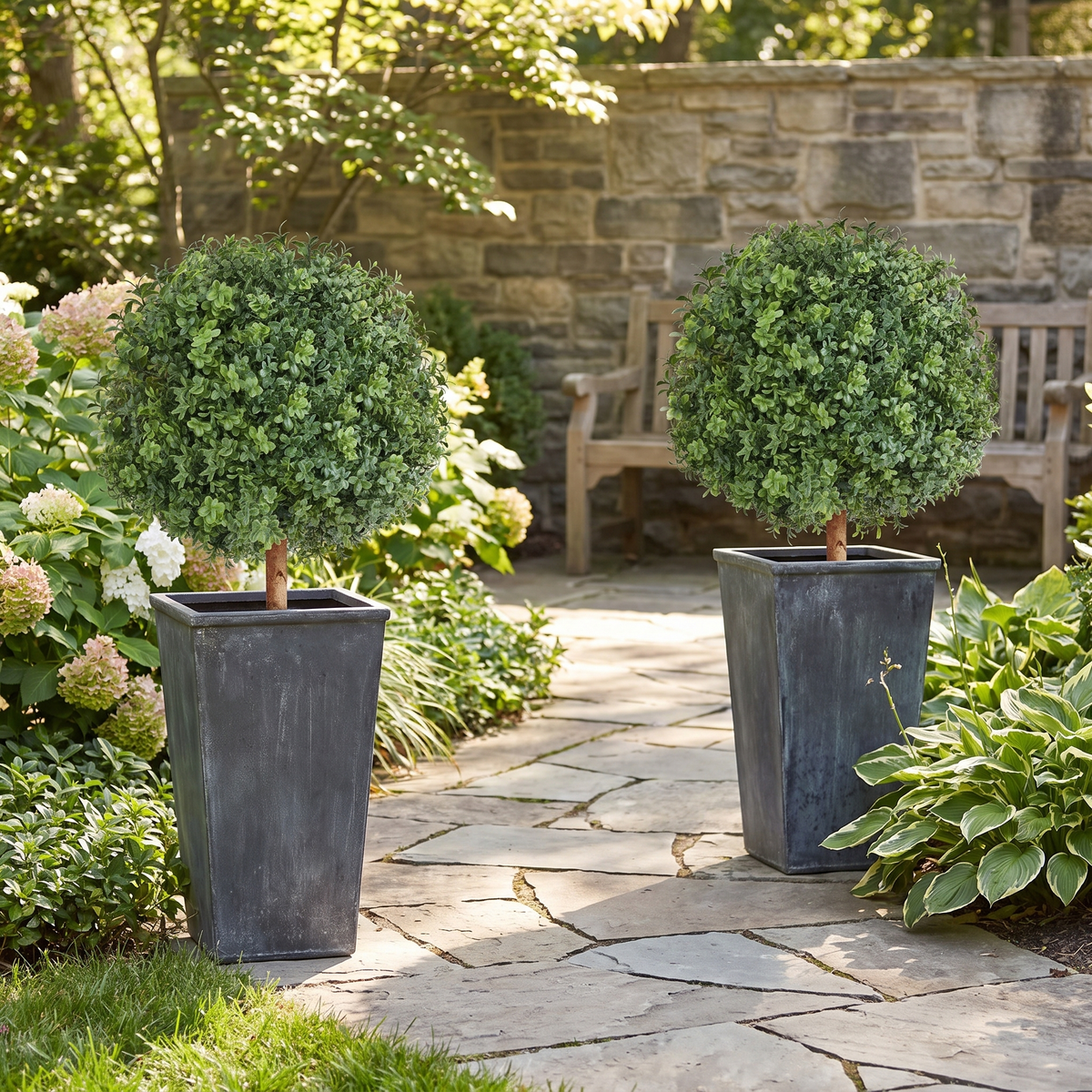 Artificial Topiary Boxwood Trees 22 Inch with Ground Spike - Set of 2, Indoor & Outdoor Faux Shrubs