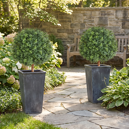 Artificial Topiary Boxwood Trees 22 Inch with Ground Spike - Set of 2, Indoor & Outdoor Faux Shrubs