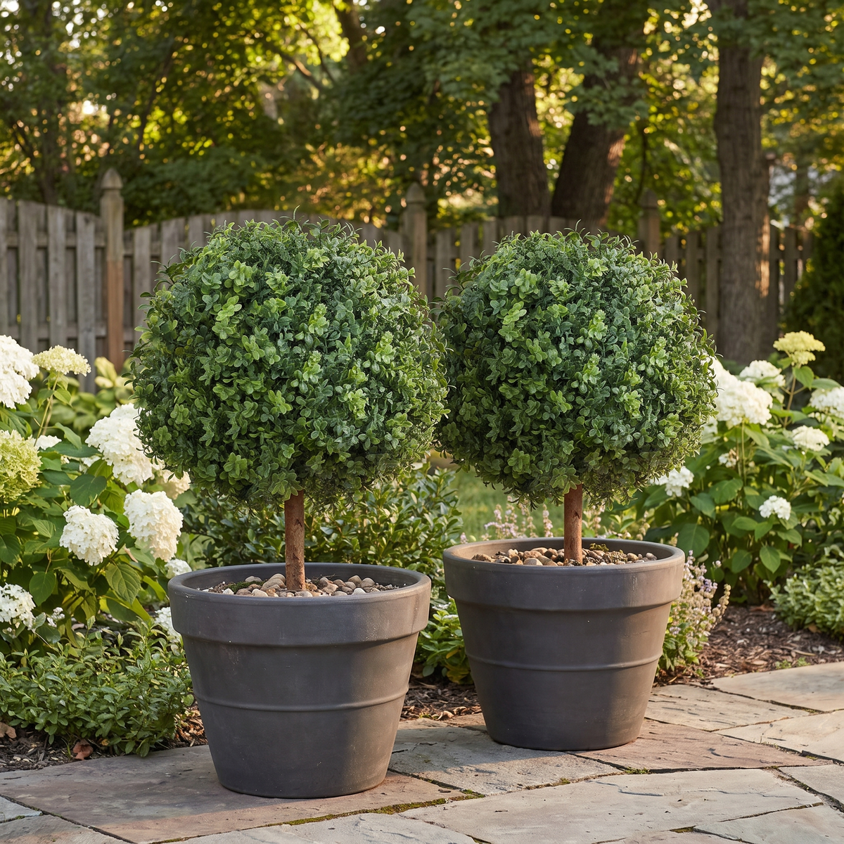 Artificial Topiary Boxwood Trees 22 Inch with Ground Spike - Set of 2, Indoor & Outdoor Faux Shrubs