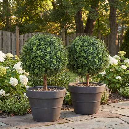 Artificial Topiary Boxwood Trees 22 Inch with Ground Spike - Set of 2, Indoor & Outdoor Faux Shrubs