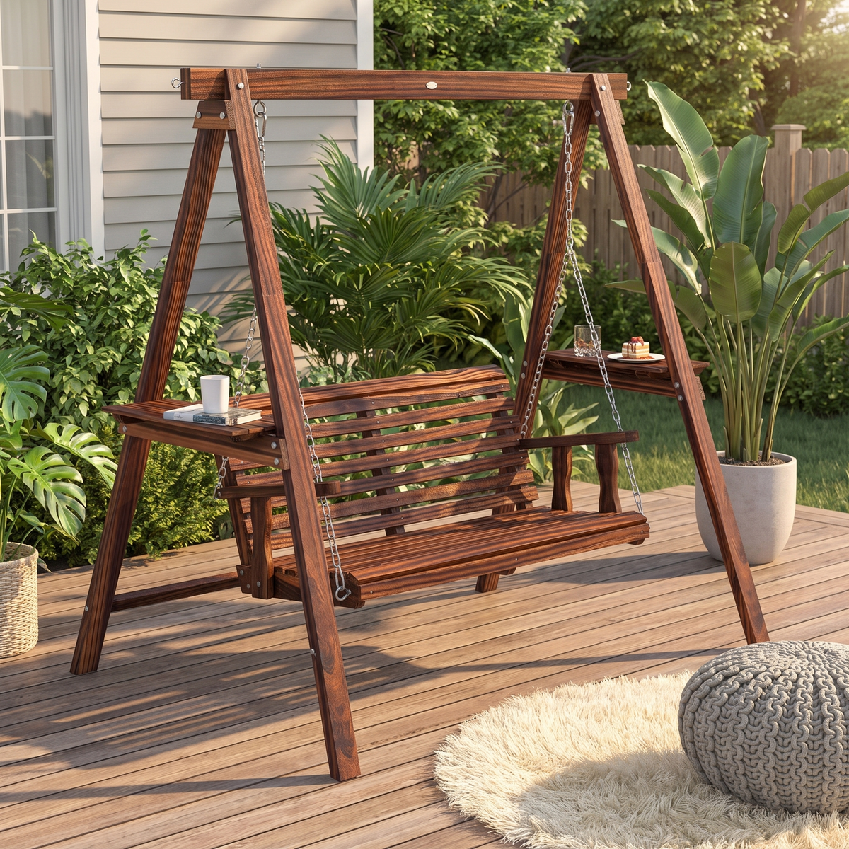 2-Person Outdoor Wooden Swing Bench with Stand and Side Tables - Carbonized Fir Wood