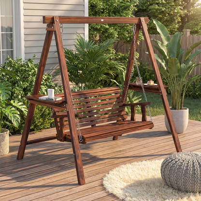 2-Person Outdoor Wooden Swing Bench with Stand and Side Tables - Carbonized Fir Wood