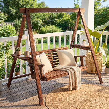 2-Person Outdoor Wooden Swing Bench with Stand and Side Tables - Carbonized Fir Wood