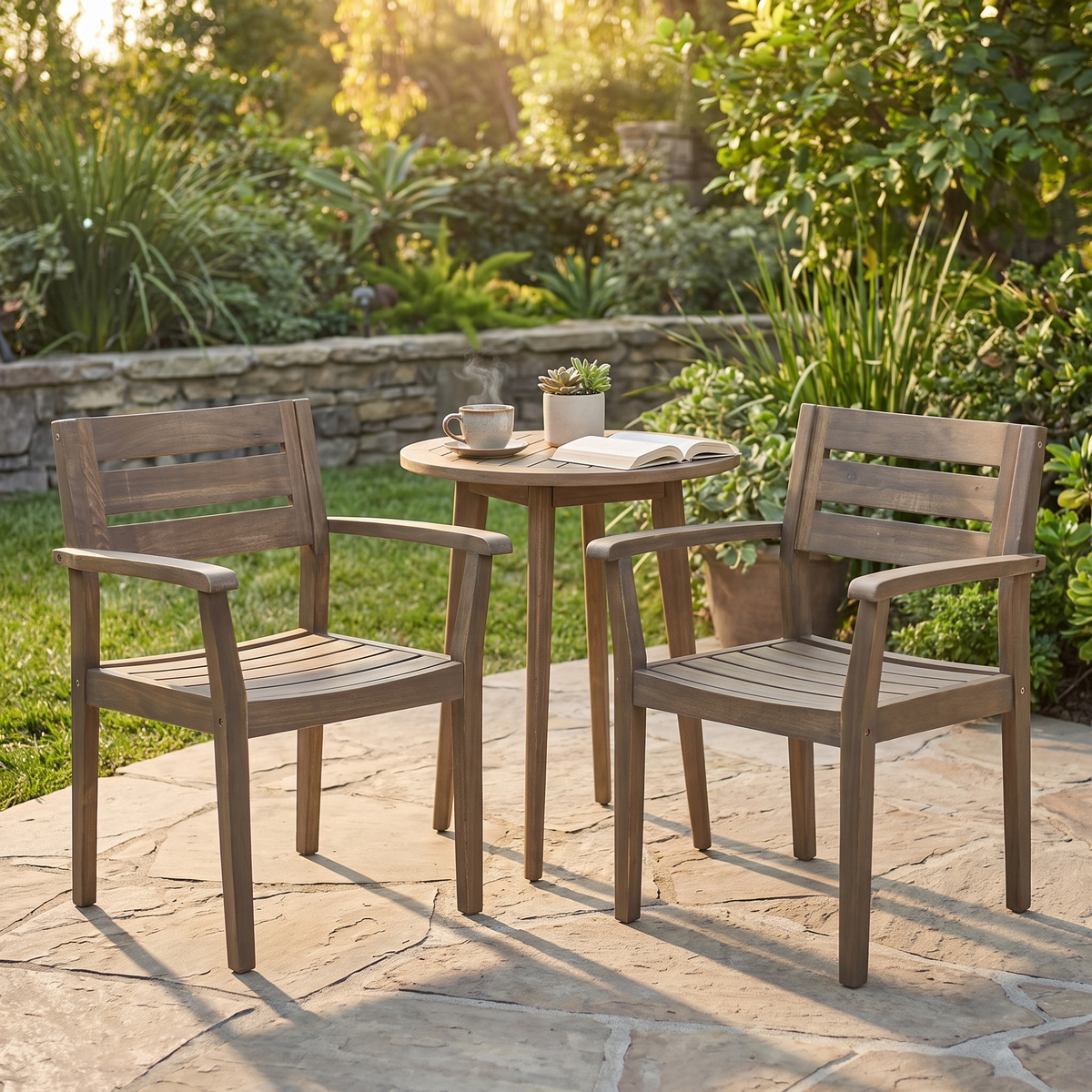 STAMFORD Outdoor Dining Chairs Set of 2 - Acacia Wood Patio Armchairs, Grey