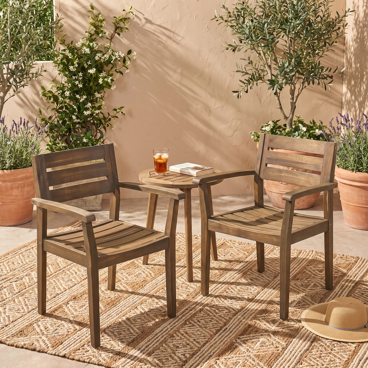 STAMFORD Outdoor Dining Chairs Set of 2 - Acacia Wood Patio Armchairs, Grey