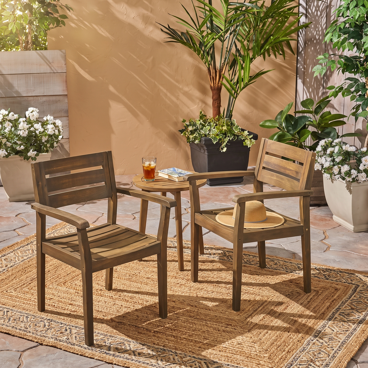 STAMFORD Outdoor Dining Chairs Set of 2 - Acacia Wood Patio Armchairs, Grey