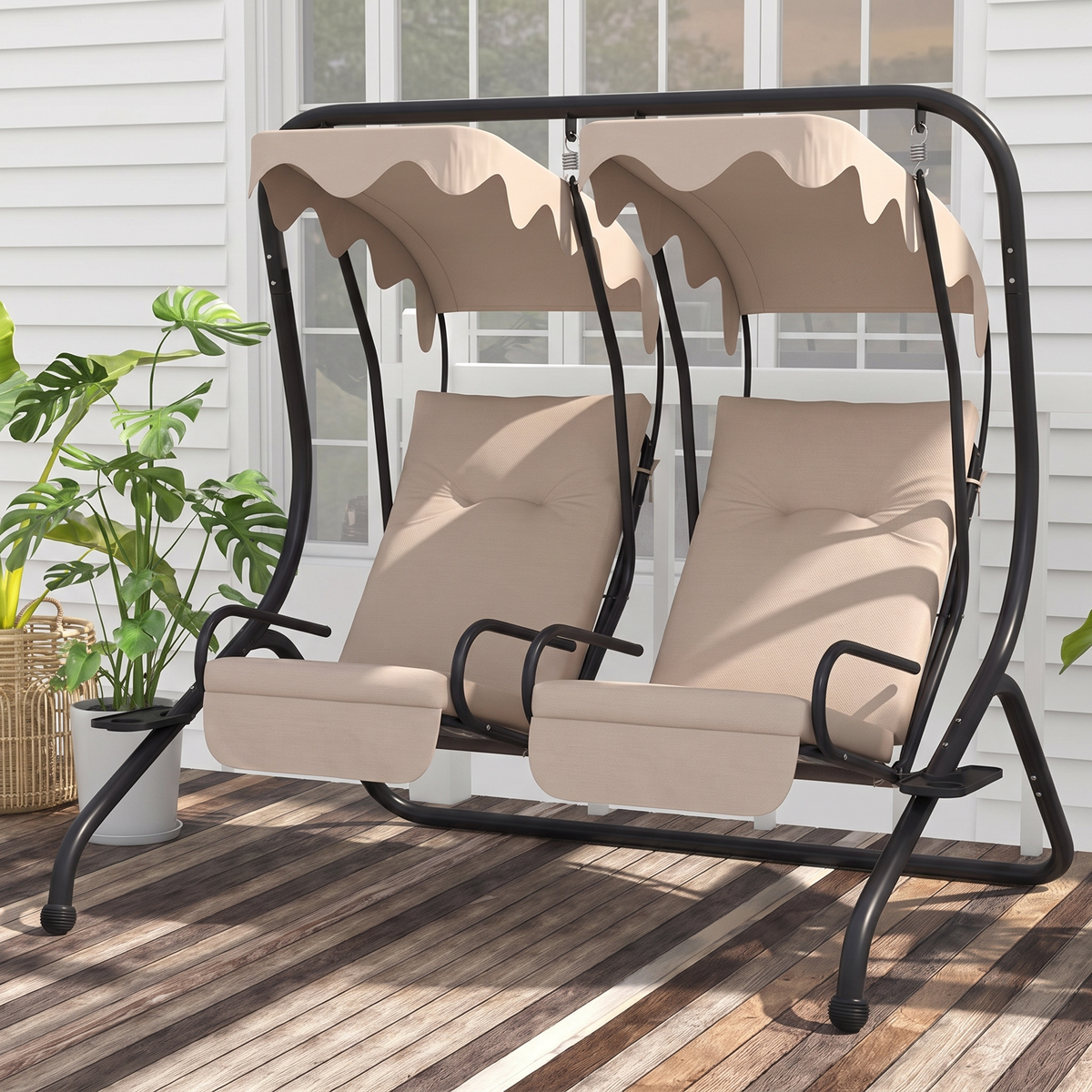 2-Seater Porch Swing with Canopy - Outdoor Patio Swing Chair, Beige