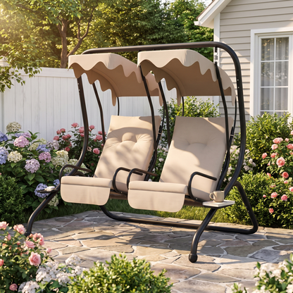 2-Seater Porch Swing with Canopy - Outdoor Patio Swing Chair, Beige