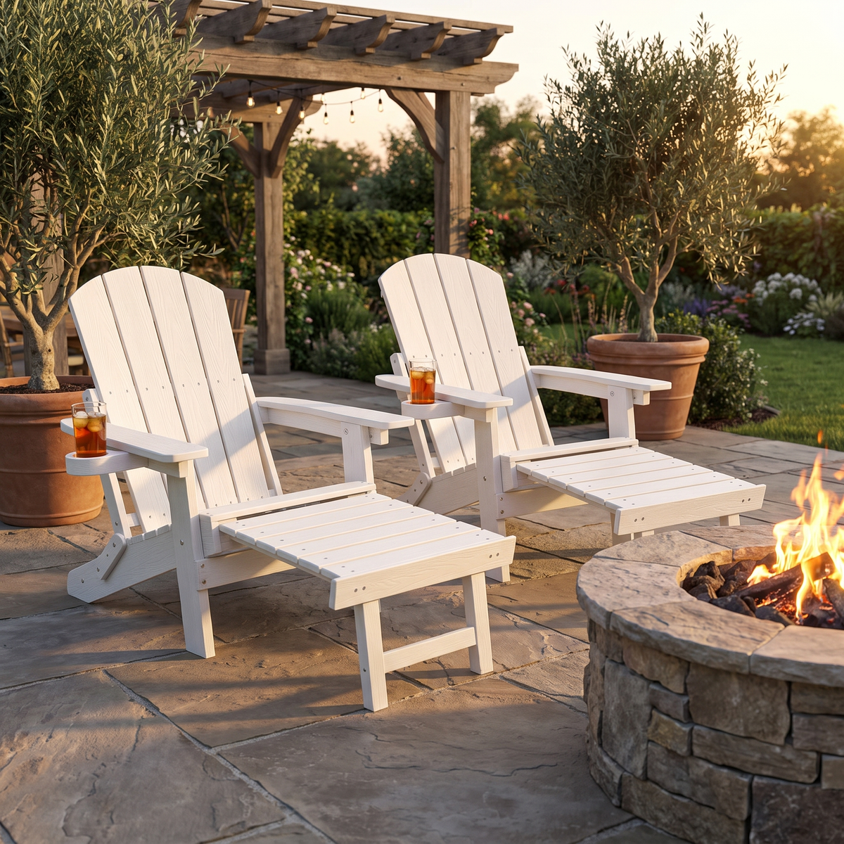 Outdoor Lounge Chairs Set of 2 - Foldable Reclining Patio Chairs with Ottoman & Cup Holder