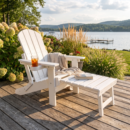 Outdoor Lounge Chairs Set of 2 - Foldable Reclining Patio Chairs with Ottoman & Cup Holder