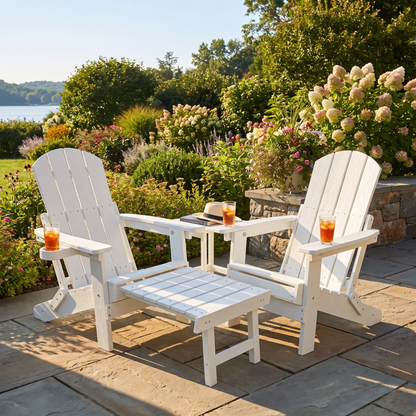 Outdoor Lounge Chairs Set of 2 - Foldable Reclining Patio Chairs with Ottoman & Cup Holder
