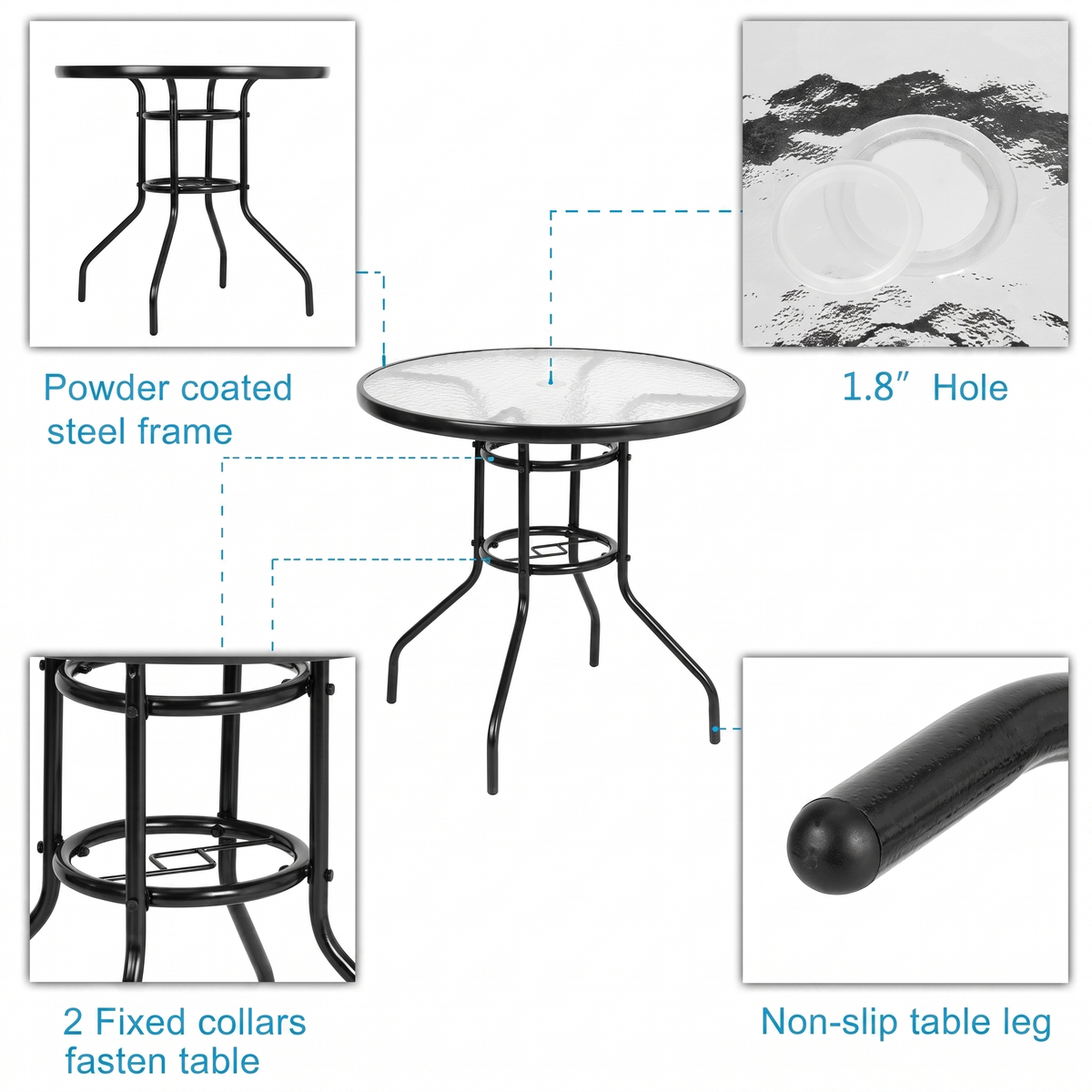 Round Glass Garden Dining Table - Steel & Toughened Glass, 80x70cm