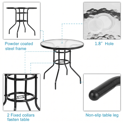 Round Glass Garden Dining Table - Steel & Toughened Glass, 80x70cm