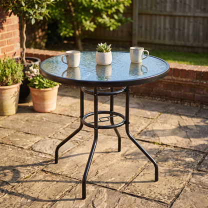 Round Glass Garden Dining Table - Steel & Toughened Glass, 80x70cm