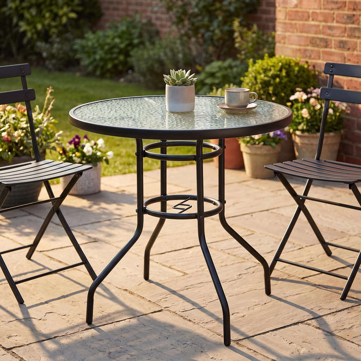 Round Glass Garden Dining Table - Steel & Toughened Glass, 80x70cm