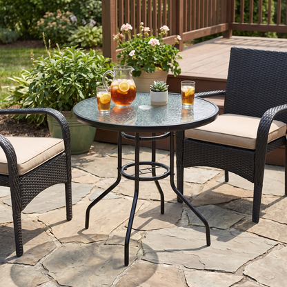 Round Glass Garden Dining Table - Steel & Toughened Glass, 80x70cm