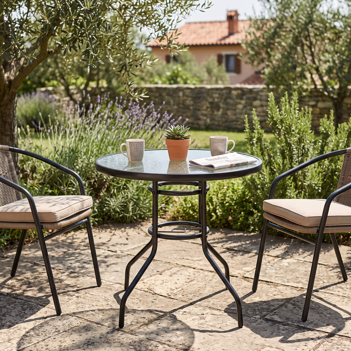 Round Glass Garden Dining Table - Steel & Toughened Glass, 80x70cm