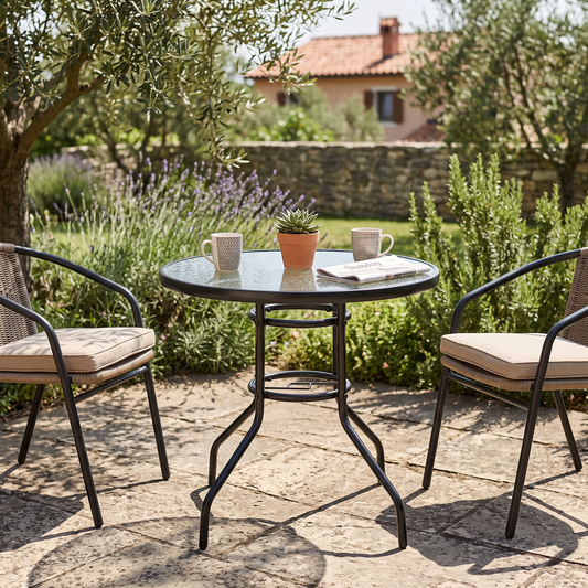 Round Glass Garden Dining Table - Steel & Toughened Glass, 80x70cm