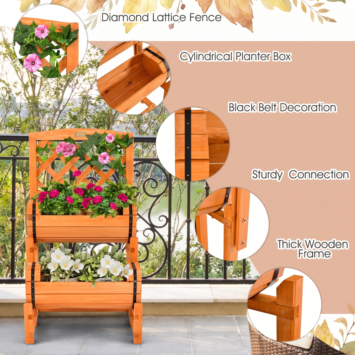 2-Tier Raised Garden Bed with Trellis - Wooden Planter Box for Patio & Balcony