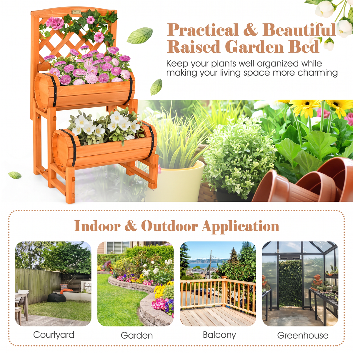 2-Tier Raised Garden Bed with Trellis - Wooden Planter Box for Patio & Balcony