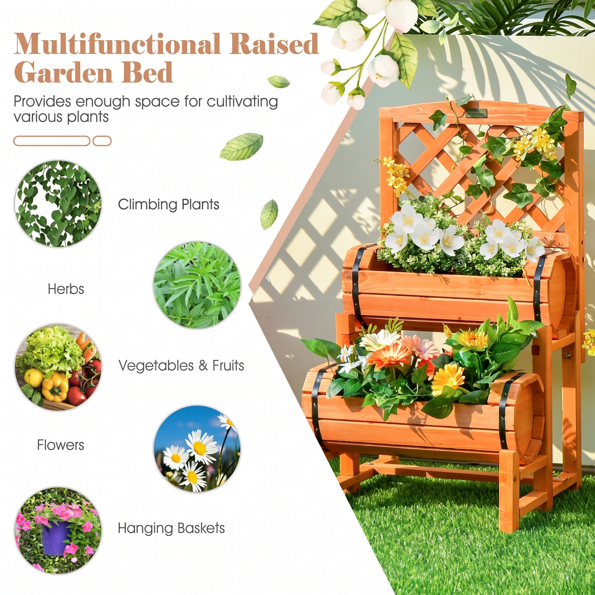 2-Tier Raised Garden Bed with Trellis - Wooden Planter Box for Patio & Balcony