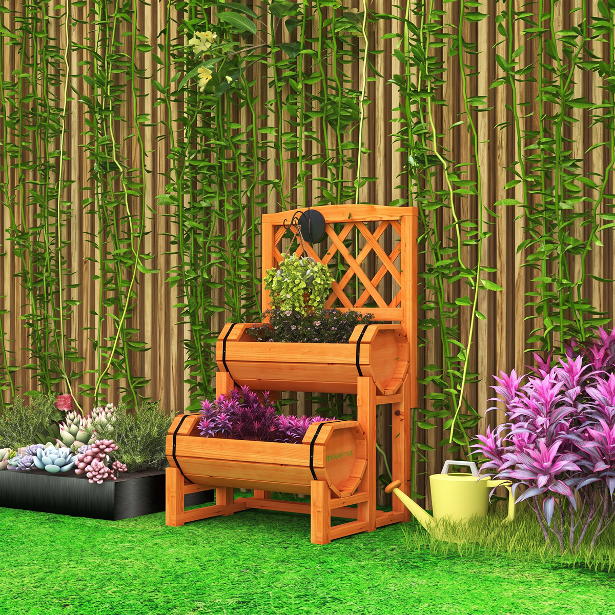 2-Tier Raised Garden Bed with Trellis - Wooden Planter Box for Patio & Balcony
