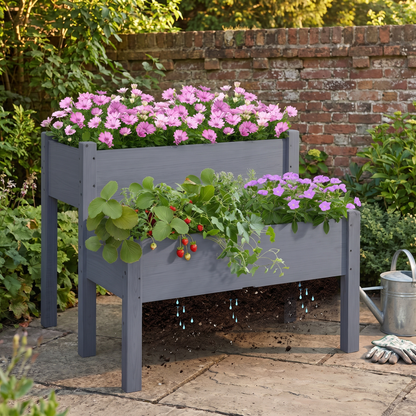2-Tier Raised Garden Bed - Solid Fir Wood Planter Box for Vegetables, Herbs & Flowers (Gray)