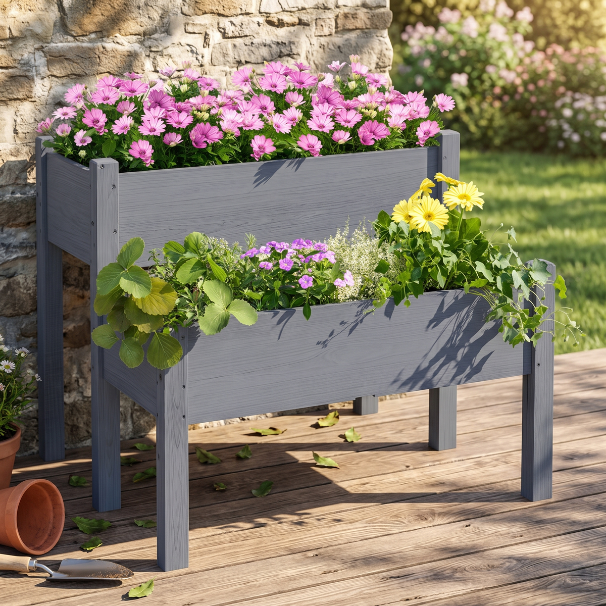 2-Tier Raised Garden Bed - Solid Fir Wood Planter Box for Vegetables, Herbs & Flowers (Gray)