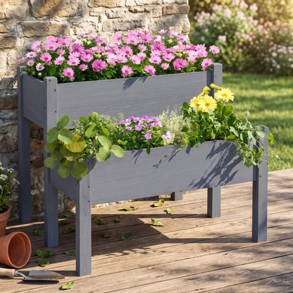 2-Tier Raised Garden Bed - Solid Fir Wood Planter Box for Vegetables, Herbs & Flowers (Gray)