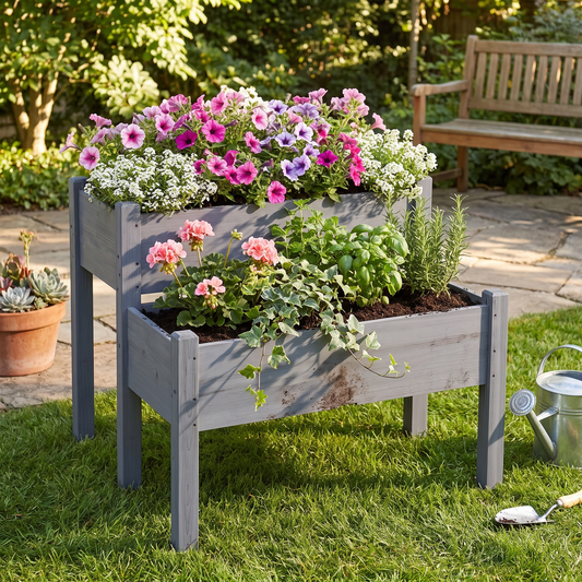 2-Tier Raised Garden Bed - Solid Fir Wood Planter Box for Vegetables, Herbs & Flowers (Gray)