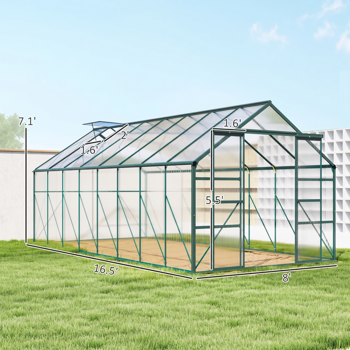 Walk-In Greenhouse 8x16 ft - Aluminum Frame & Polycarbonate Panels with Sliding Door