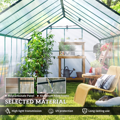 Walk-In Greenhouse 8x16 ft - Aluminum Frame & Polycarbonate Panels with Sliding Door