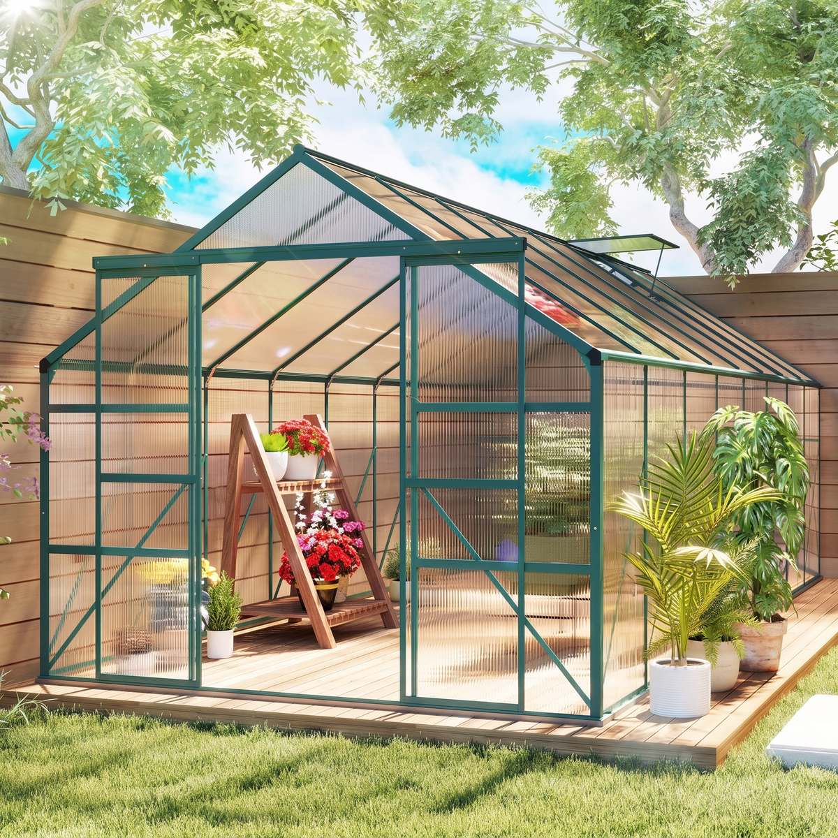 Walk-In Greenhouse 8x16 ft - Aluminum Frame & Polycarbonate Panels with Sliding Door