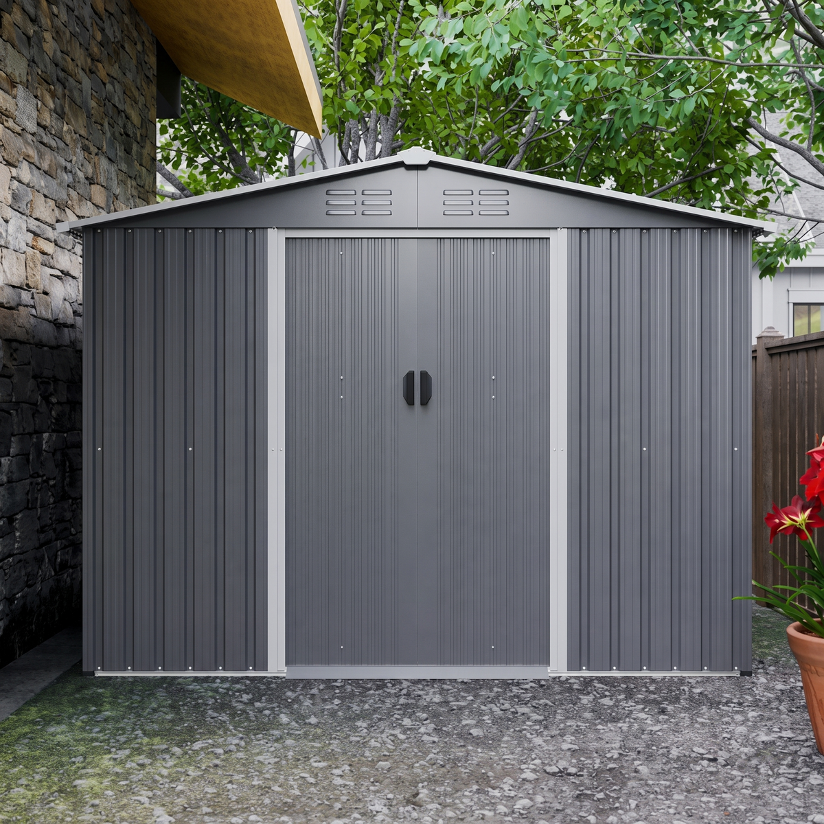 8x6 FT Metal Garden Storage Shed with Lockable Sliding Doors & Metal Foundation - All-Weather Steel Shed, Gray