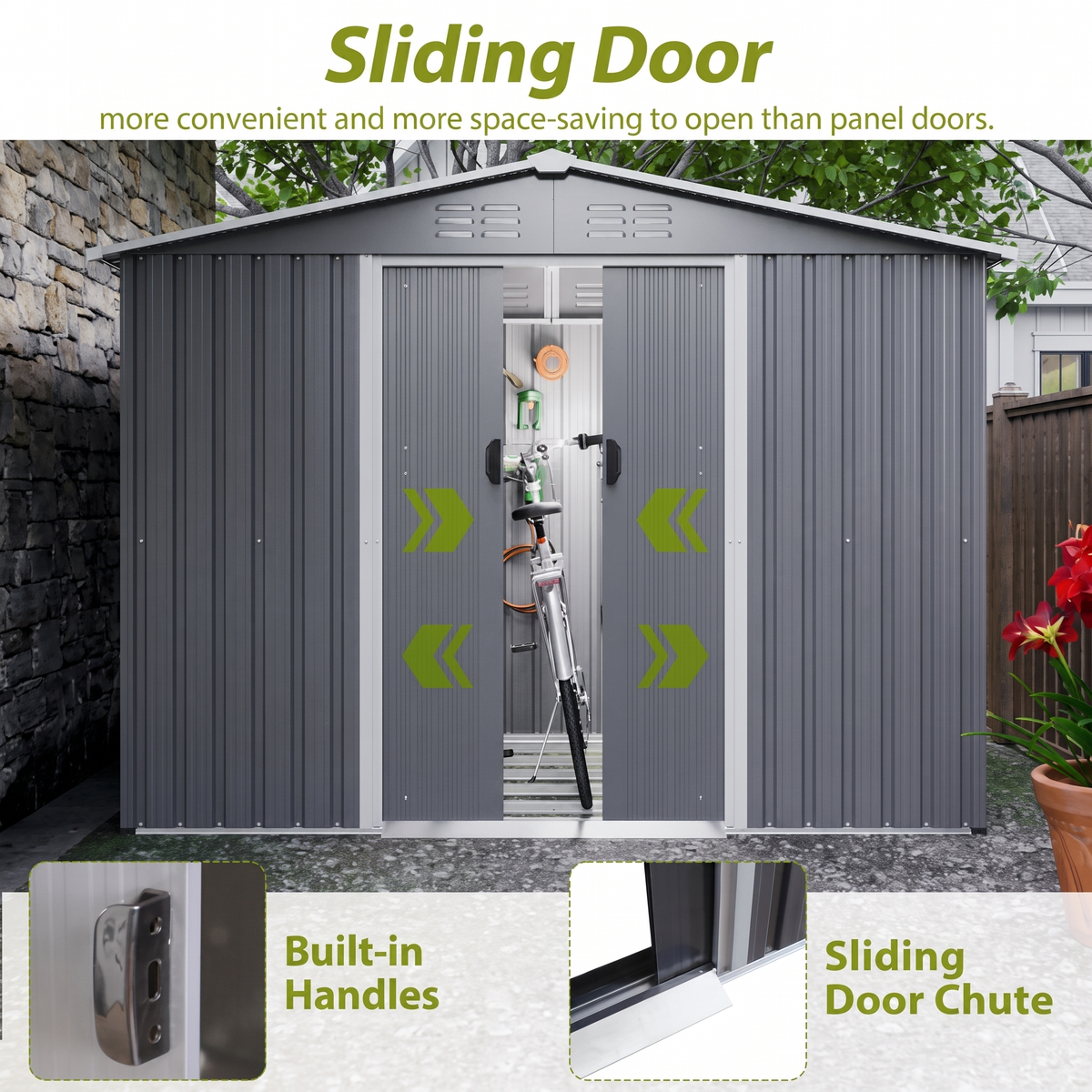 8x6 FT Metal Garden Storage Shed with Lockable Sliding Doors & Metal Foundation - All-Weather Steel Shed, Gray