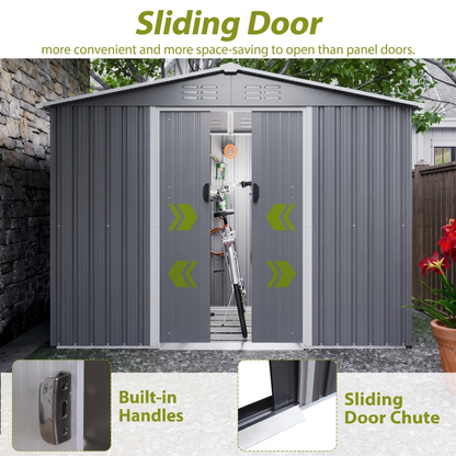 8x6 FT Metal Garden Storage Shed with Lockable Sliding Doors & Metal Foundation - All-Weather Steel Shed, Gray
