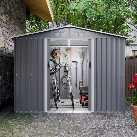 8x6 FT Metal Garden Storage Shed with Lockable Sliding Doors & Metal Foundation - All-Weather Steel Shed, Gray