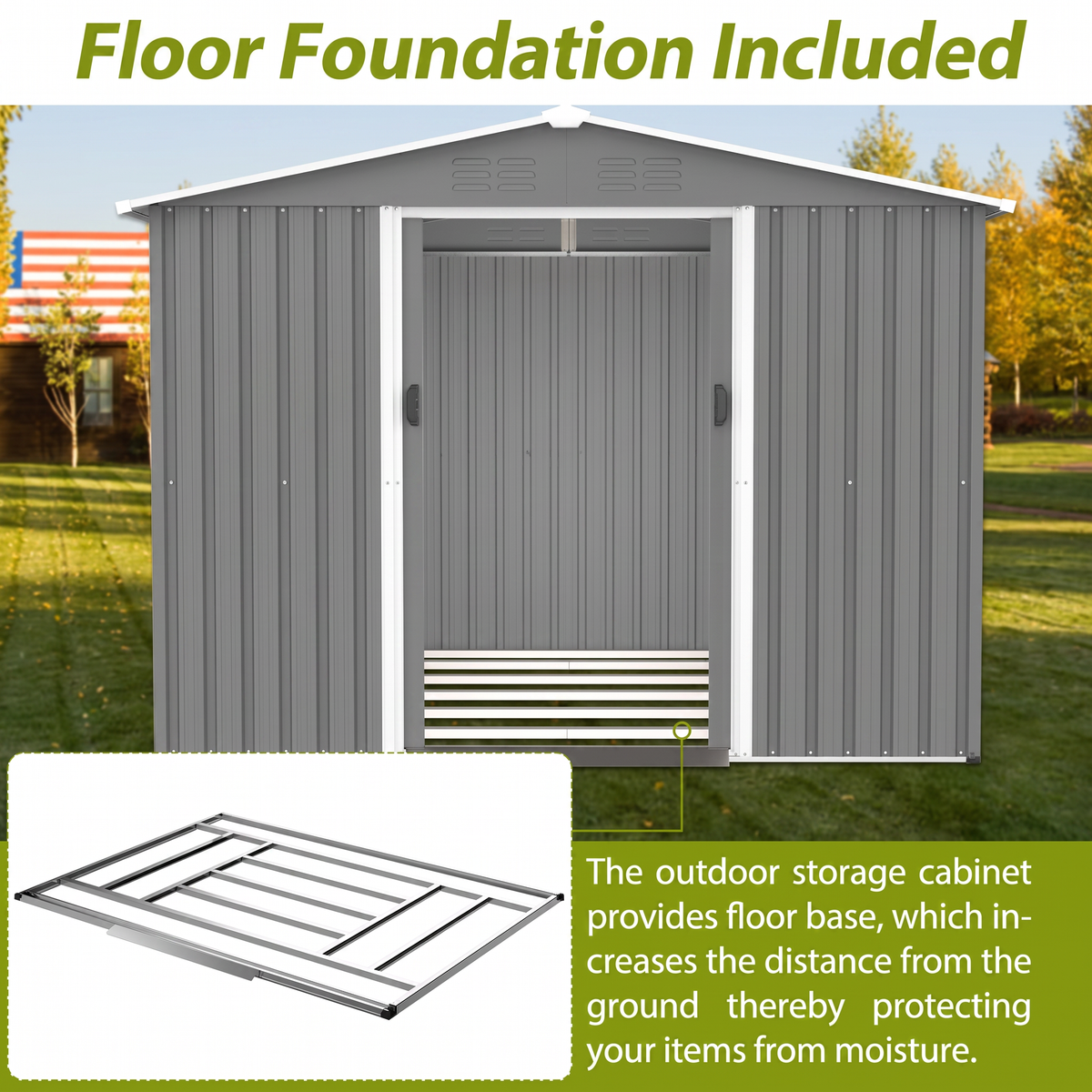 8x6 FT Metal Garden Storage Shed with Lockable Sliding Doors & Metal Foundation - All-Weather Steel Shed, Gray