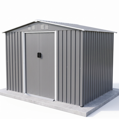 8x6 FT Metal Garden Storage Shed with Lockable Sliding Doors & Metal Foundation - All-Weather Steel Shed, Gray