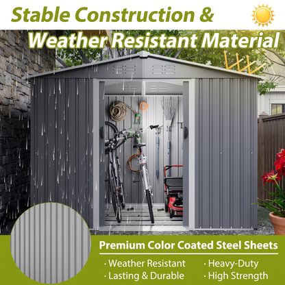 8x6 FT Metal Garden Storage Shed with Lockable Sliding Doors & Metal Foundation - All-Weather Steel Shed, Gray