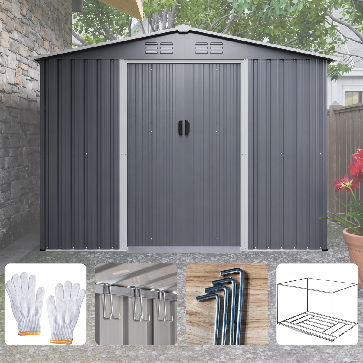 8x6 FT Metal Garden Storage Shed with Lockable Sliding Doors & Metal Foundation - All-Weather Steel Shed, Gray