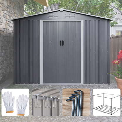 8x6 FT Metal Garden Storage Shed with Lockable Sliding Doors & Metal Foundation - All-Weather Steel Shed, Gray