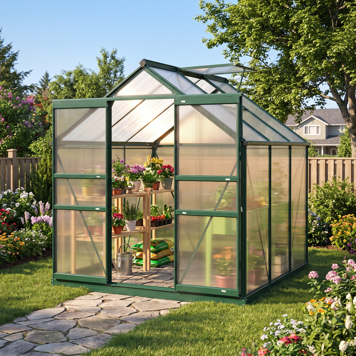 Walk-In Greenhouse 6x6x7 ft - Aluminum & Polycarbonate with Rooftop Vent, UV-Resistant, Dark Green