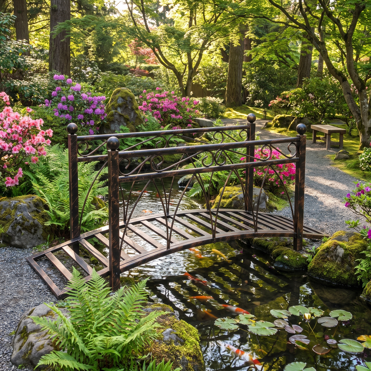 Metal Arch Garden Bridge with Safety Rails - Bronze Decorative Footbridge