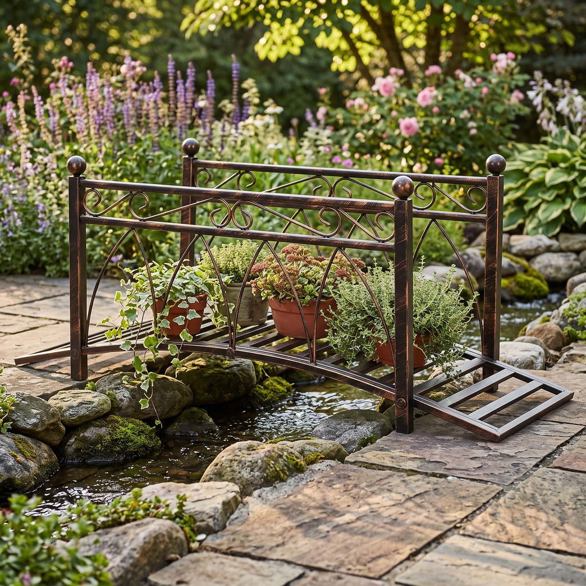 Metal Arch Garden Bridge with Safety Rails - Bronze Decorative Footbridge