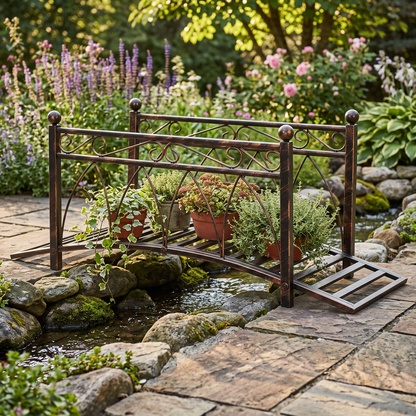 Metal Arch Garden Bridge with Safety Rails - Bronze Decorative Footbridge